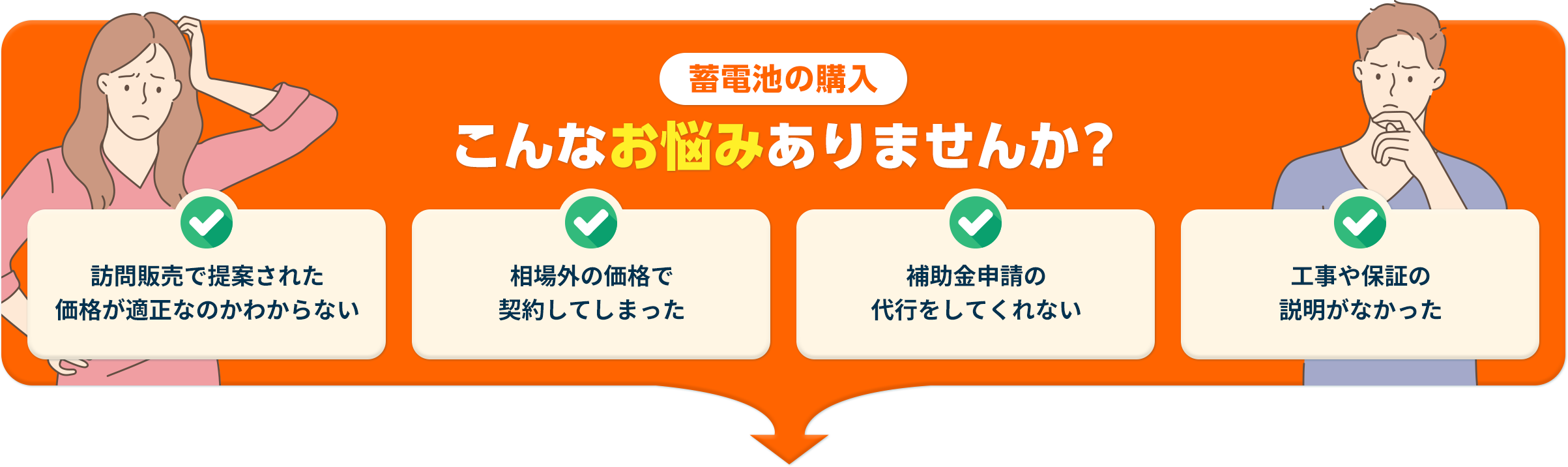 太陽光・蓄電池の購入 こんなお悩みありませんか?訪問販売で提案された価格が適正なのかわからない 相場外の価格で契約してしまった 補助⾦申請の代⾏をしてくれない ⼯事や保証の説明がなかった