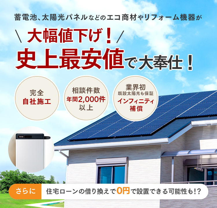 蓄電池、太陽光パネルなどのエコ商材が補助金の利用で最大70%OFFで設置可能！